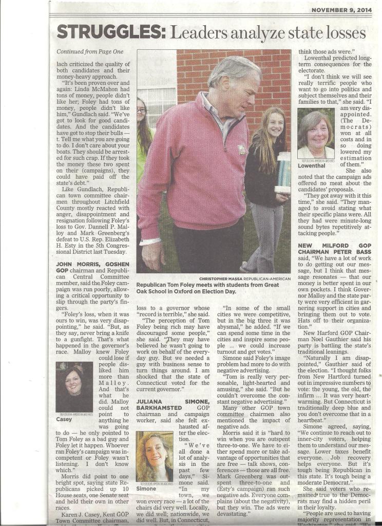 Republican American Sunday Front Page CT GOP article on analysis and outcome with Fifth District Chairs/Juliana Simone/continued