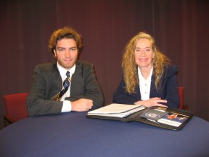 (l) Jayson Veley, Eastern Connecticut State University talk radio host and network television commentator with (r) Juliana Simone BRTC Chair on set of "Conservative Chat" - May 2015