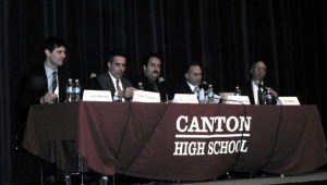 Canton Candidate Forum February 2010 which showcased candidates for the U.S. Senate, Fifth Congressional District (pictured here l-r State Senator Sam Caligiuri, Bill Evans, Mark Greenberg and Kie Westby) and Governor. 