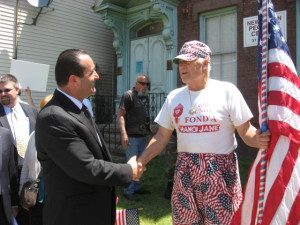 (l) U.S. Senate candidate Peter Lumaj (R) and well-known Waterbury tea party patriot Ziggy at New Haven protest for state funding for Communist office space June 2012