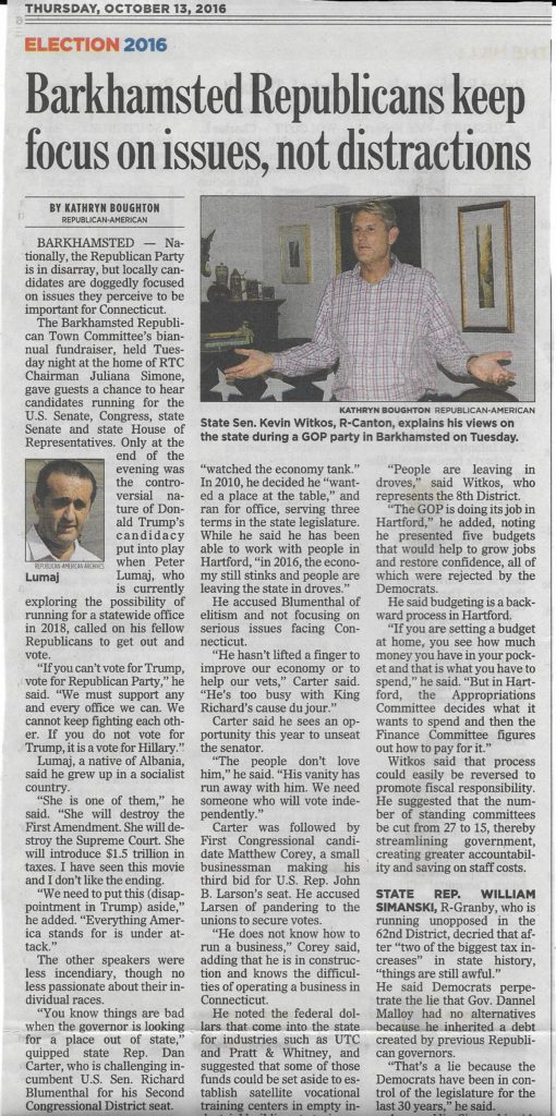 Republican American newspaper article on Barkhamsted RTC fundraiser on October 11th, 2016