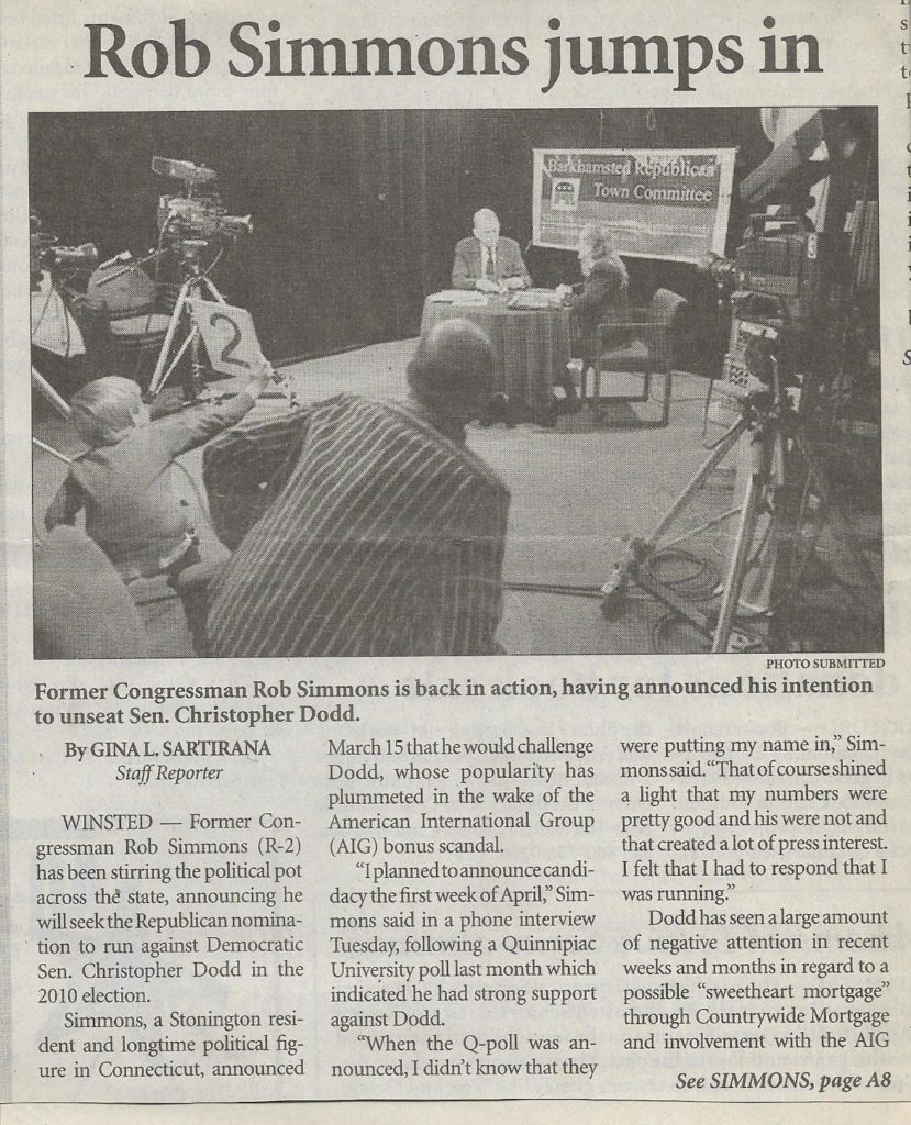 Former Congressman Rob Simmons announcing his campaign to challenge U.S. Senator Chris Dodd (D-CT) with "Conservative Chat" host Juliana Simone - Winsted Journal March 2009