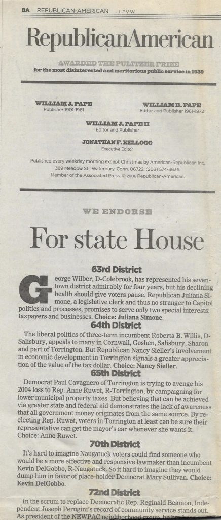 Republican American newspaper endorsement of Barkhamsted RTC's Juliana Simone in her race for the State House 63rd district (Barkhamsted is now one of four towns that make up the 62nd district)