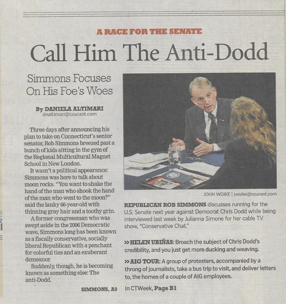 Hartford Courant Sunday Front Page story/photo of former Congressman Rob Simmons announcing on the Barkhamsted Republican Town Committee cable show "Conservative Chat" he will be challenging U.S. Senator Chris Dodd - March 22, 2009