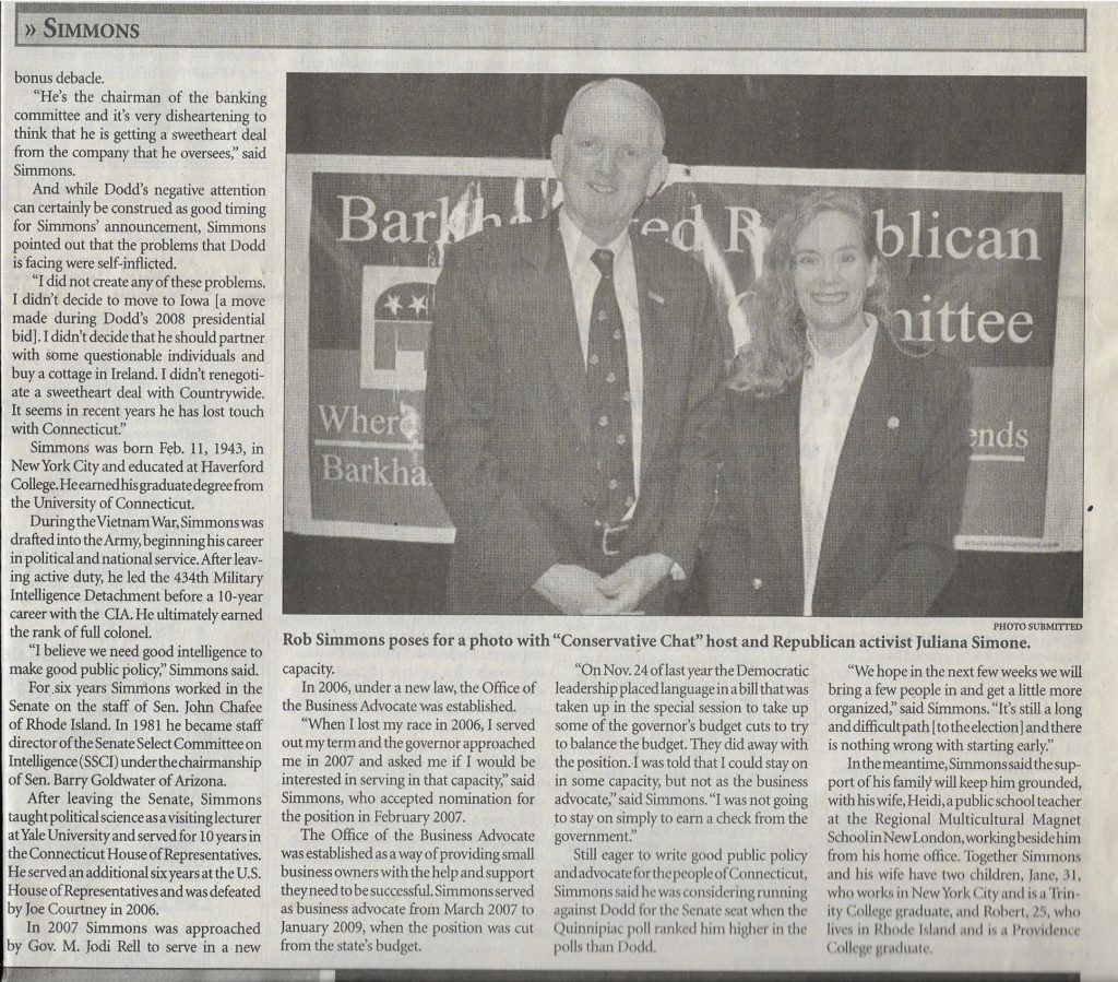 Winsted Journal second page of story announcing former Congressman Rob Simmons' challenge against U.S. Senator Chris Dodd (D-CT) with Barkhamsted Republican Town Committee cable TV host Juliana Simone - March 2009.